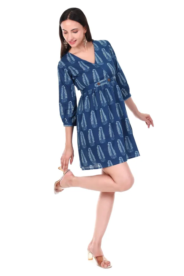 Indigo_Blue_Cotton_Hand_Block_Printed_Dress_With_Button_Detail