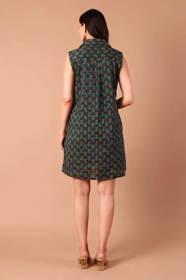 Green_Floral_Cotton_Printed_Sleeveless_Collared_A-Line_Dress_With_Pockets