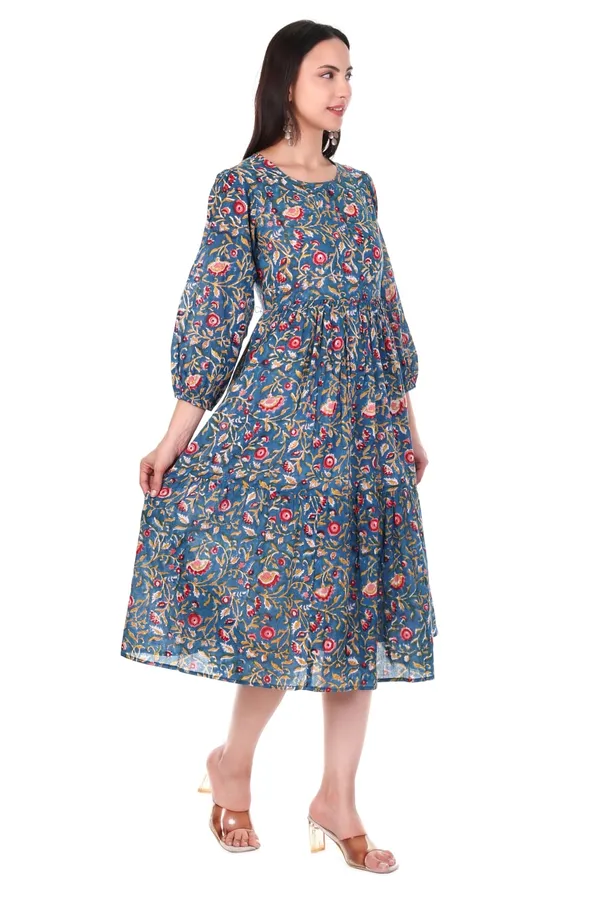 Blue_Cotton_Hand_Block_Printed_Midi_Dress_With_Long_Sleeves_With_Slip_Lining