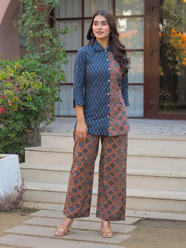 Women_Blue_Ajrakh_Print_Cotton_Co-Ord_Set_-_Shirt_And_Pants_Set