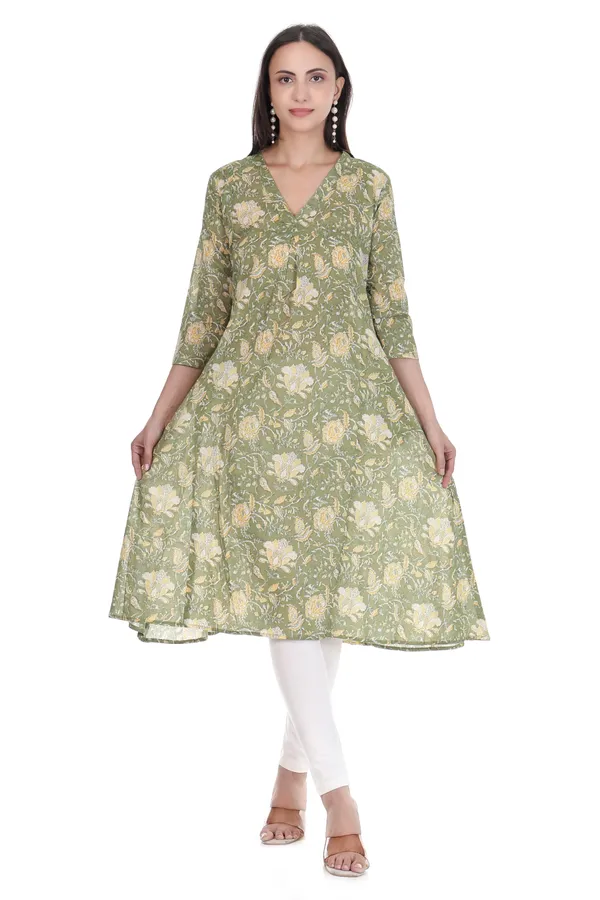 Green_Cotton_Floral_Print_A-Line_Kurta_for_Women_(With_Pockets)