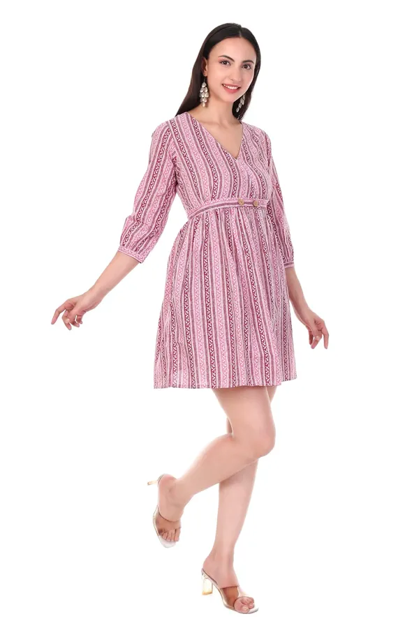 Pink_Striped_V-Neck_Cotton_Printed_Dress_With_Button_Detail
