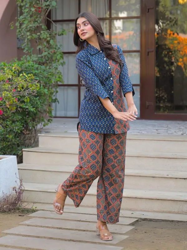 Women_Blue_Ajrakh_Print_Cotton_Co-Ord_Set_-_Shirt_And_Pants_Set