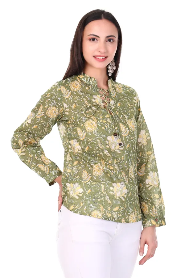 Cotton_Green_Floral_Print_Long_Sleeve_Women_Top_With_Tie_Knot_Detailing