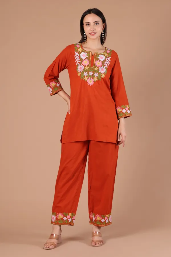 Rust_Cotton_Floral_Embroidered_Kurta_Pant_Set_for_Women
