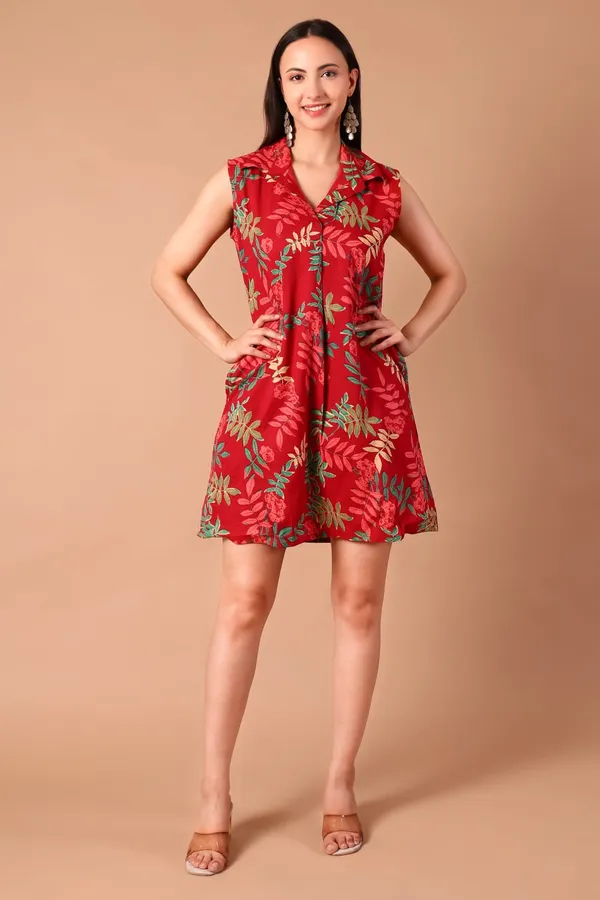 Red_Leaf_Cotton_Printed_Sleeveless_Collared_A-Line_Dress_With_Pockets