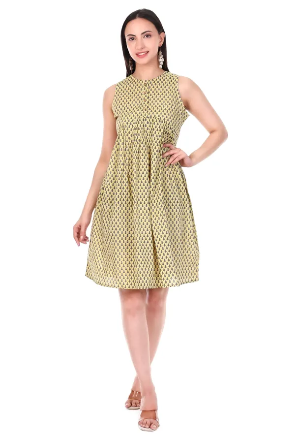 Cotton_Yellow_Booti_Print_Sleeveless_Fit_And_Flare_Dress_With_Wooden_Buttons