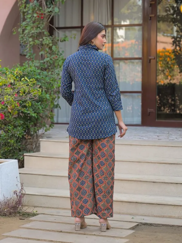Women_Blue_Ajrakh_Print_Cotton_Co-Ord_Set_-_Shirt_And_Pants_Set