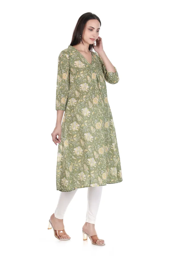 Green_Cotton_Floral_Print_A-Line_Kurta_for_Women_(With_Pockets)