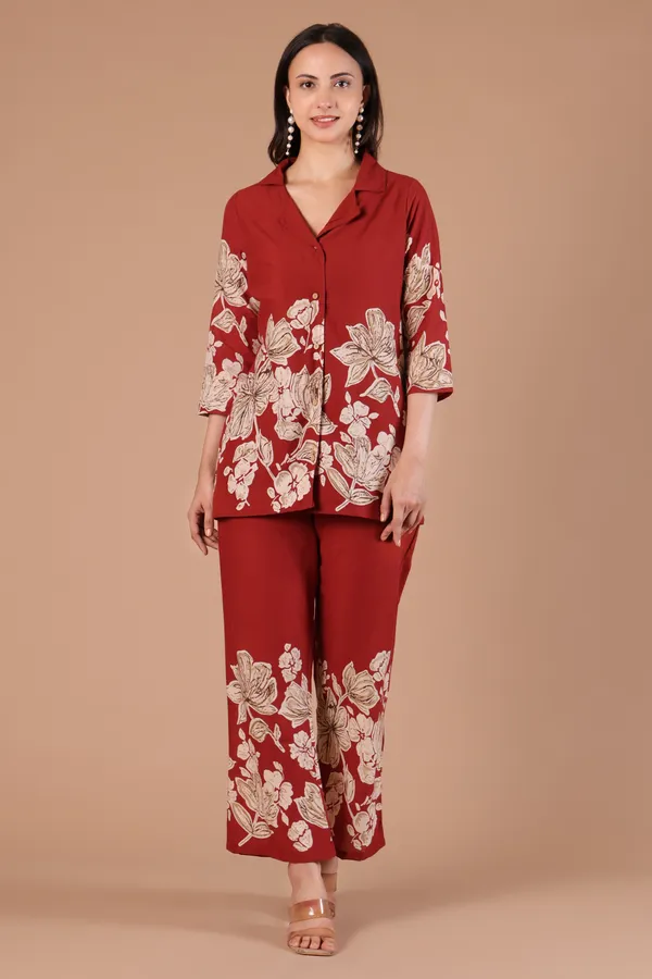 Rust_Floral_Print_Collared_Co-ord_Set_for_Women_with_Wooden_Buttons