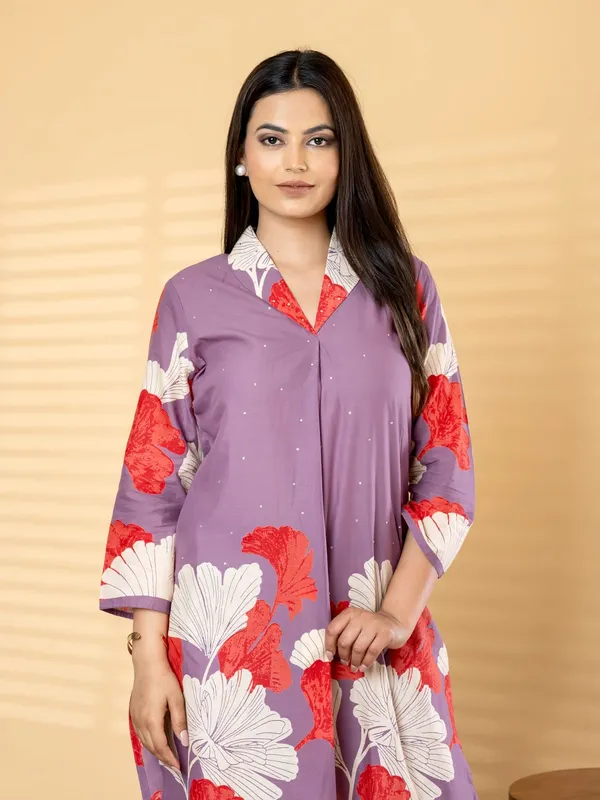 Purple_Floral_Print_Cotton_Co-Ord_Set_With_Stone_Work_-_Kurta_And_Pants