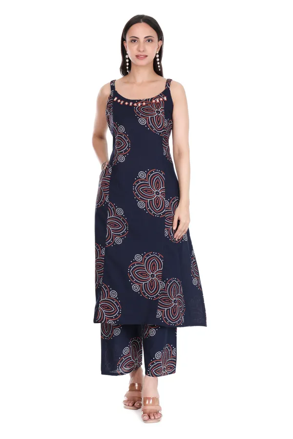 Navy_Blue_Bandhani_Print_Mirror_Work_Sleeveless_Kurti_with_Palazzo_Set_(_With_Pockets)