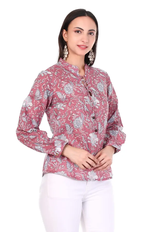 Cotton_Pink_Floral_Print_Long_Sleeve_Women_Top_With_Tie_Knot_Detailing