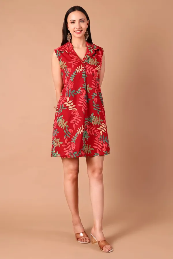 Red_Leaf_Cotton_Printed_Sleeveless_Collared_A-Line_Dress_With_Pockets