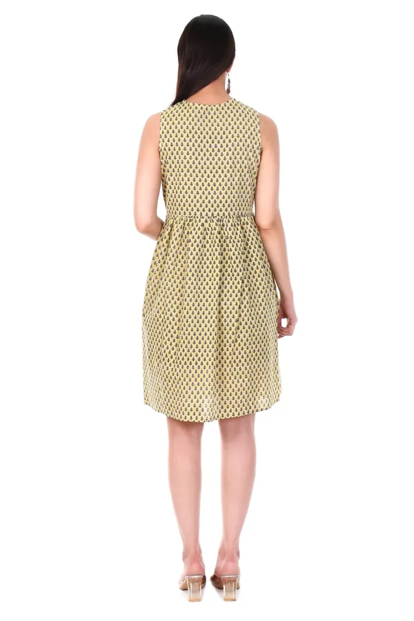 Cotton_Yellow_Booti_Print_Sleeveless_Fit_And_Flare_Dress_With_Wooden_Buttons