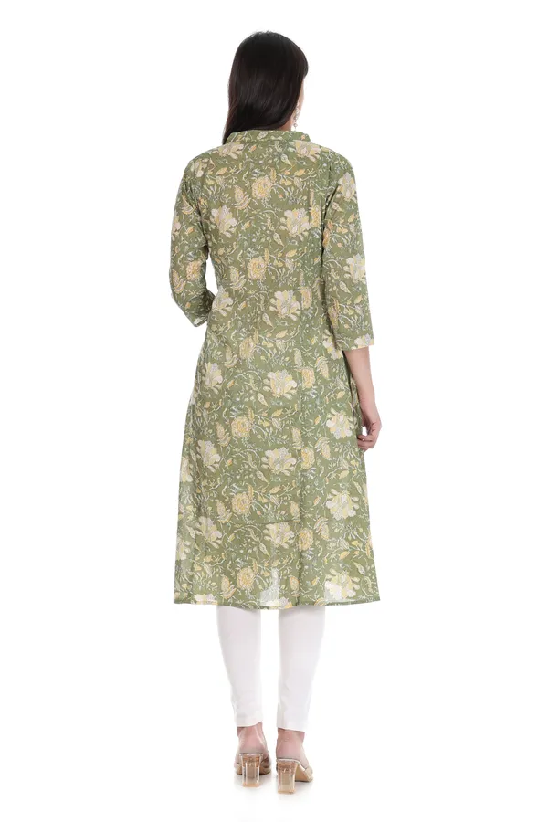 Green_Cotton_Floral_Print_A-Line_Kurta_for_Women_(With_Pockets)