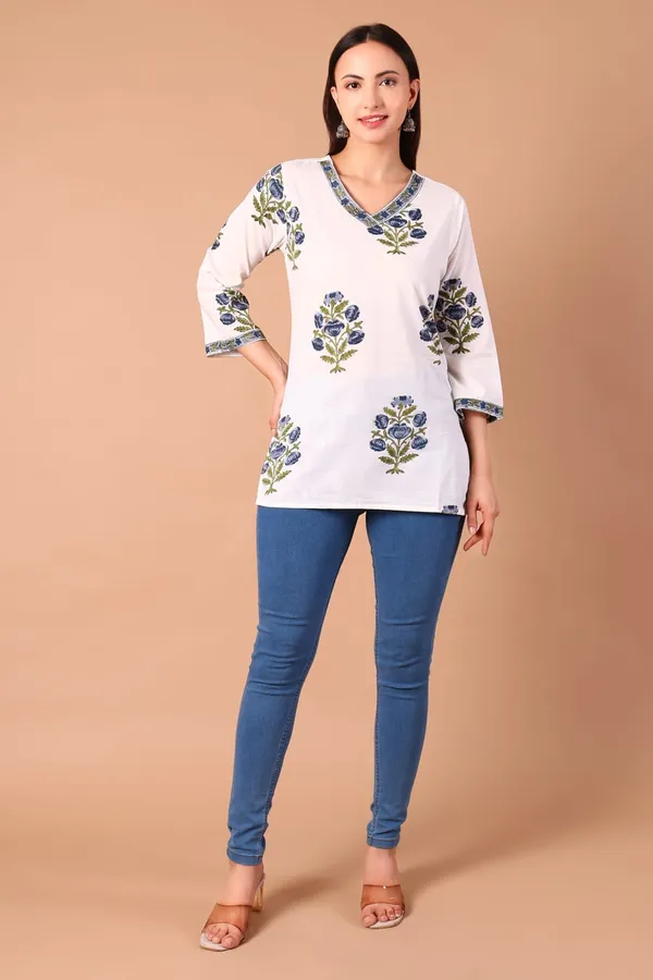 Cotton_Hand_Block_Printed_V_Neck_Tunic_With_3/4_Sleeves