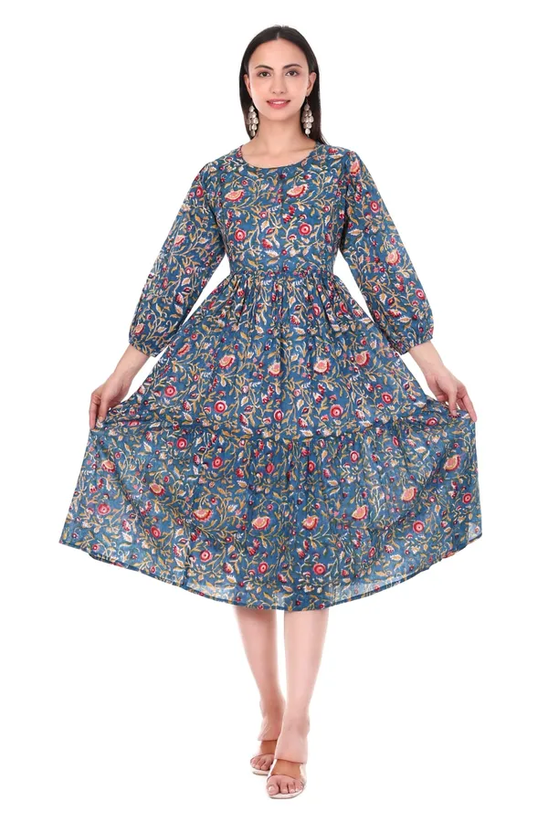 Blue_Cotton_Hand_Block_Printed_Midi_Dress_With_Long_Sleeves_With_Slip_Lining