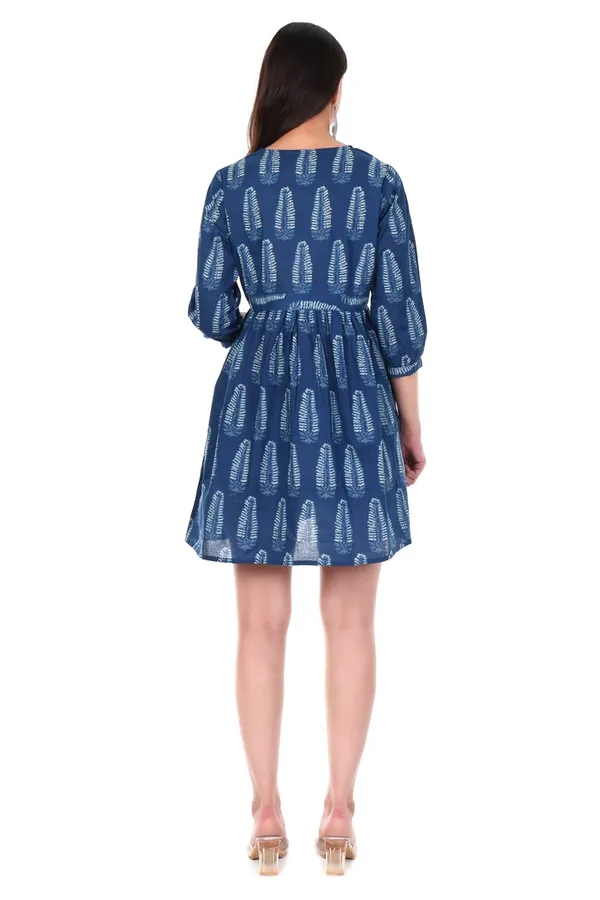 Indigo_Blue_Cotton_Hand_Block_Printed_Dress_With_Button_Detail