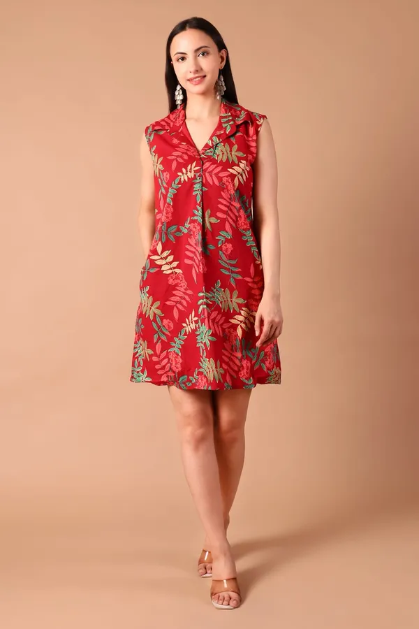 Red_Leaf_Cotton_Printed_Sleeveless_Collared_A-Line_Dress_With_Pockets
