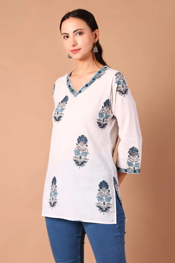 Cotton_Hand_Block_Printed_V_Neck_Tunic_With_3/4_Sleeves