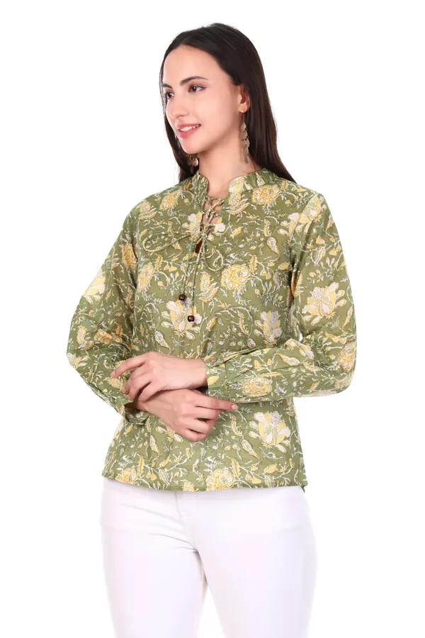 Cotton_Green_Floral_Print_Long_Sleeve_Women_Top_With_Tie_Knot_Detailing