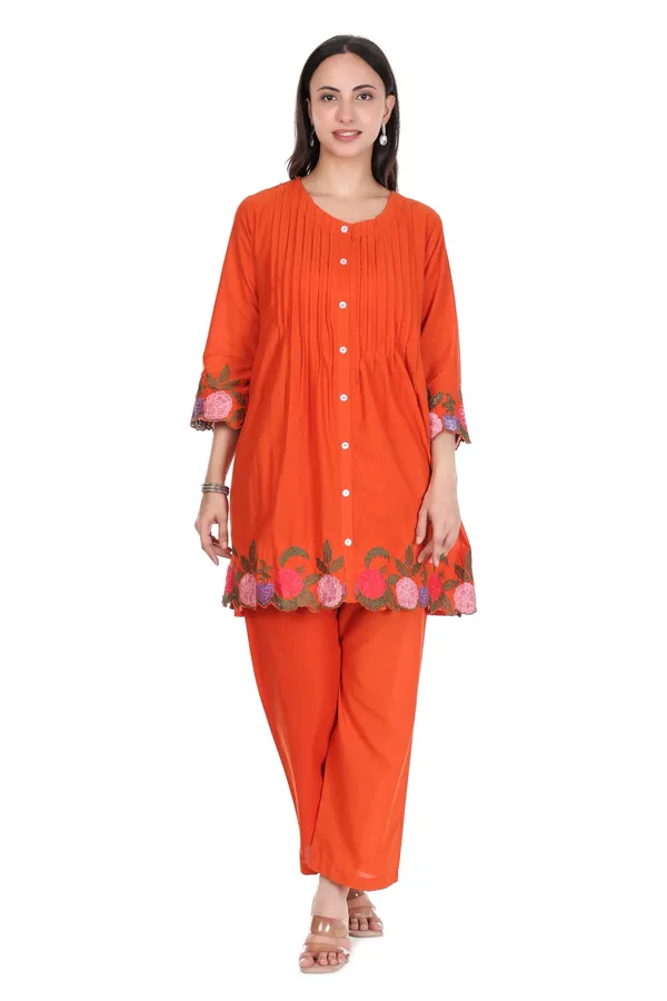 Orange_Pintuck_Floral_Scallop_Embroidery_Kurta_with_Pants_Set_for_Women