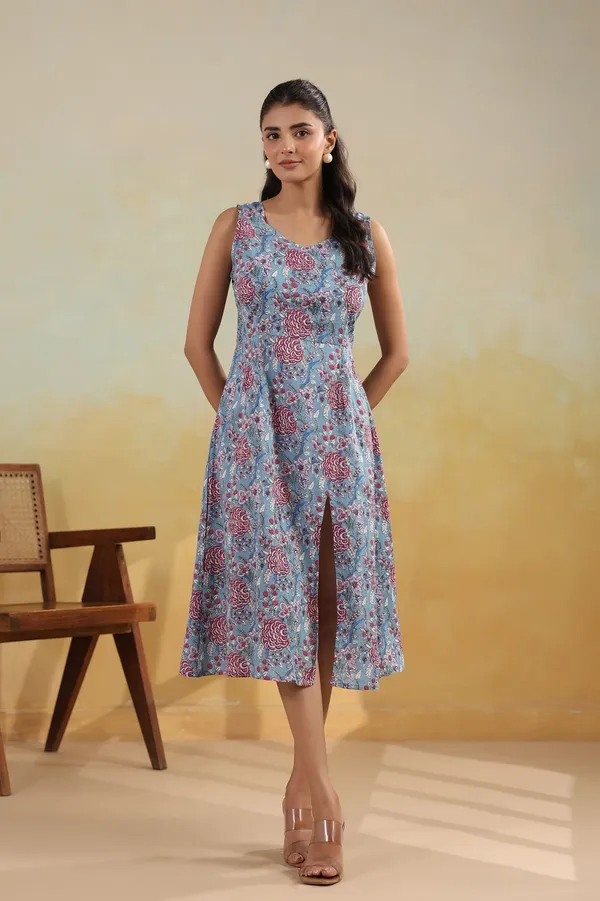 Floral_Print_Sleeveless_Cotton_Midi_Dress_With_Front_Slit_And_Smocked_Back
