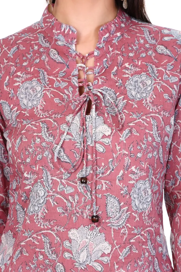 Cotton_Pink_Floral_Print_Long_Sleeve_Women_Top_With_Tie_Knot_Detailing