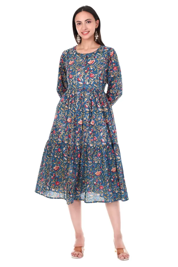 Blue_Cotton_Hand_Block_Printed_Midi_Dress_With_Long_Sleeves_With_Slip_Lining