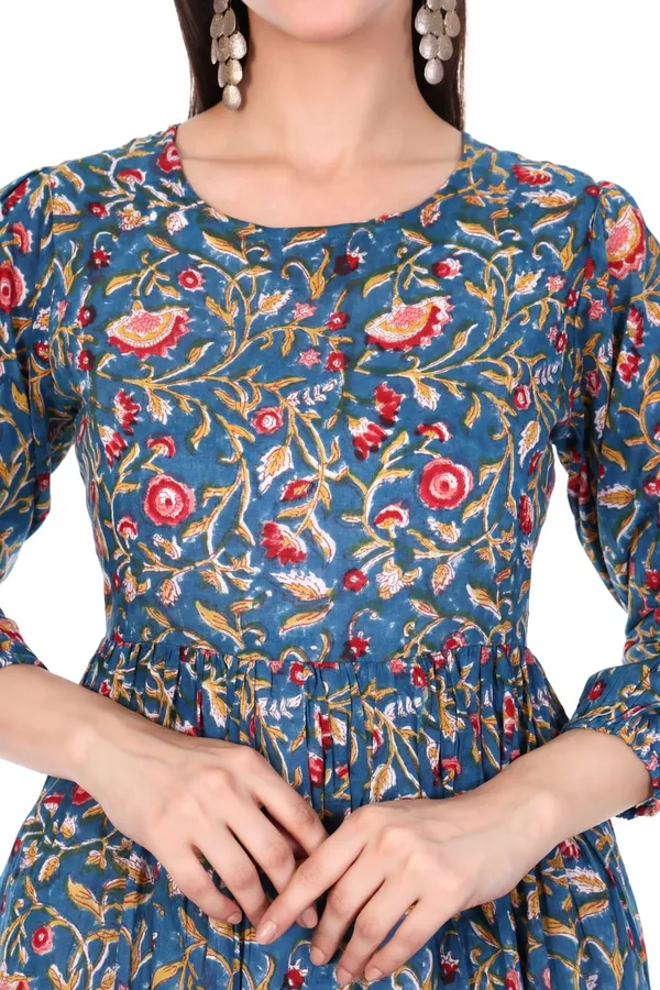 Blue_Cotton_Hand_Block_Printed_Midi_Dress_With_Long_Sleeves_With_Slip_Lining