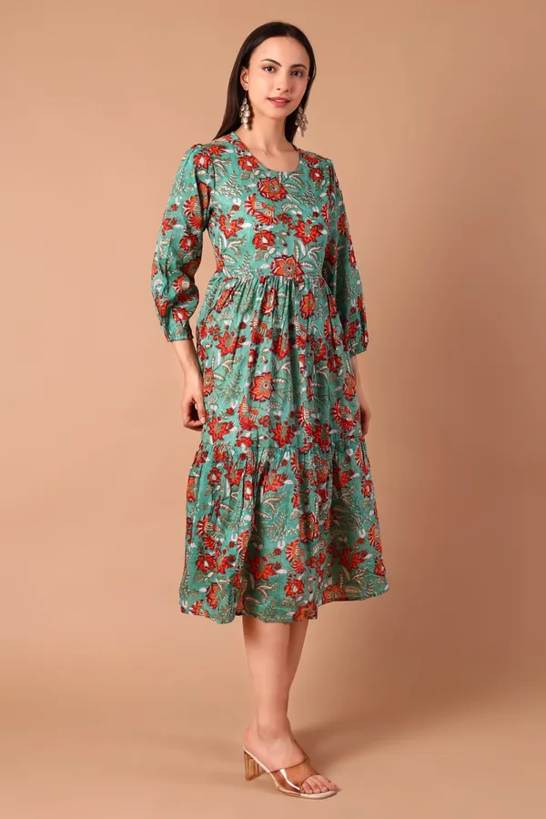 Green_Cotton_Hand_Block_Printed_Midi_Dress_With_Long_Sleeves_With_Slip_Lining