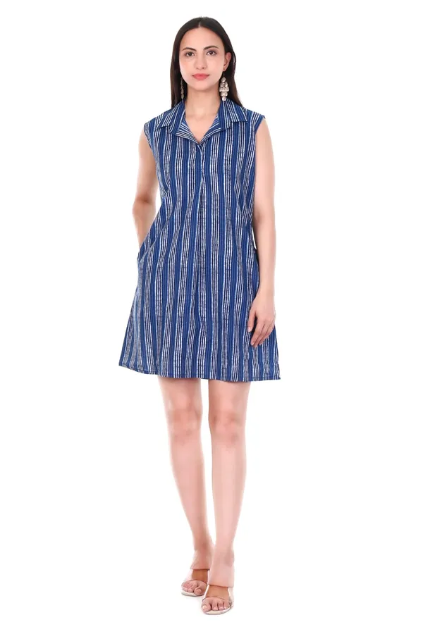Blue_Striped_Cotton_Printed_Sleeveless_Collared_A-Line_Dress_With_Pockets