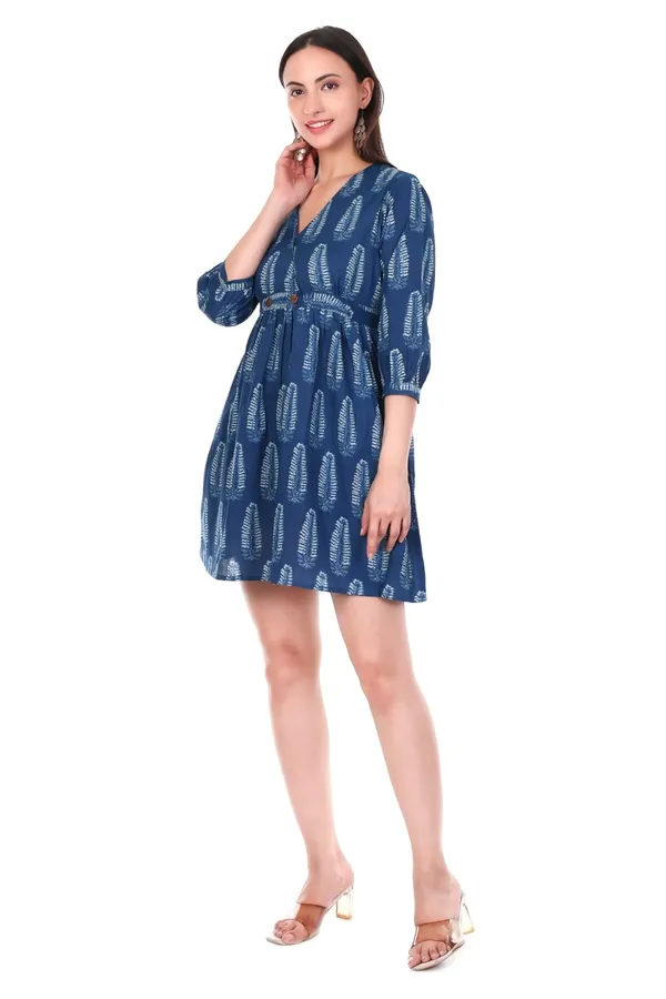 Indigo_Blue_Cotton_Hand_Block_Printed_Dress_With_Button_Detail
