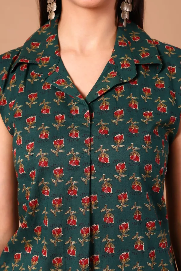 Green_Floral_Cotton_Printed_Sleeveless_Collared_A-Line_Dress_With_Pockets