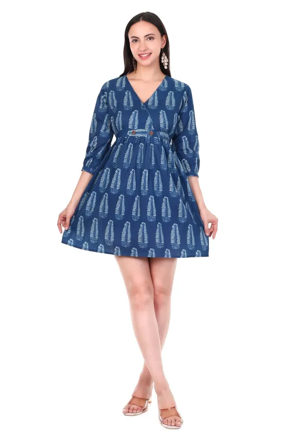 Indigo_Blue_Cotton_Hand_Block_Printed_Dress_With_Button_Detail