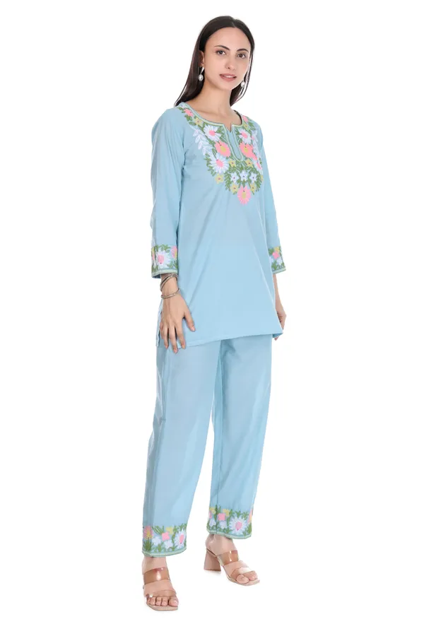 Blue_Cotton_Floral_Embroidery_Kurta_Pant_Set_for_Women