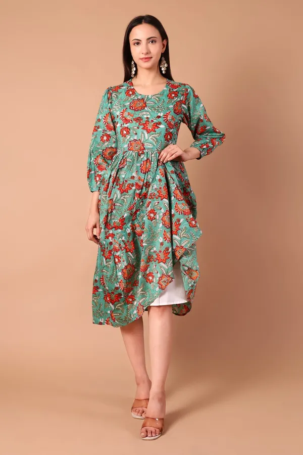 Green_Cotton_Hand_Block_Printed_Midi_Dress_With_Long_Sleeves_With_Slip_Lining