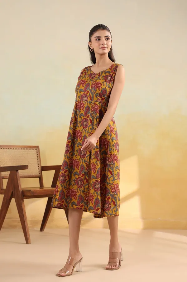 Mustard_Yellow_Floral_Print_Sleeveless_Cotton_Midi_Dress_With_Front_Slit_And_Smocked_Back