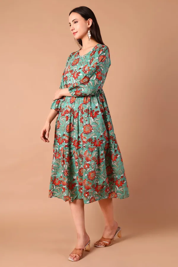 Green_Cotton_Hand_Block_Printed_Midi_Dress_With_Long_Sleeves_With_Slip_Lining