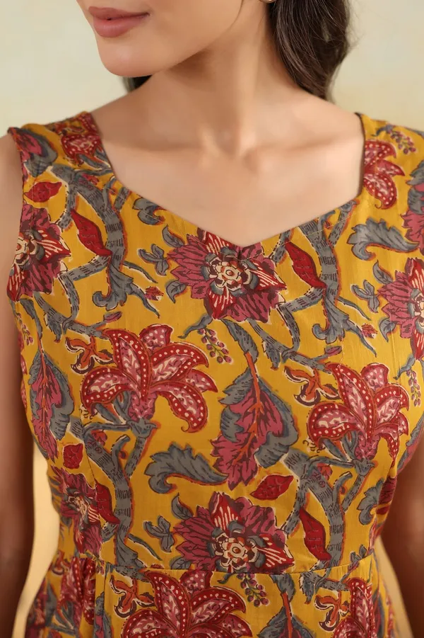 Mustard_Yellow_Floral_Print_Sleeveless_Cotton_Midi_Dress_With_Front_Slit_And_Smocked_Back