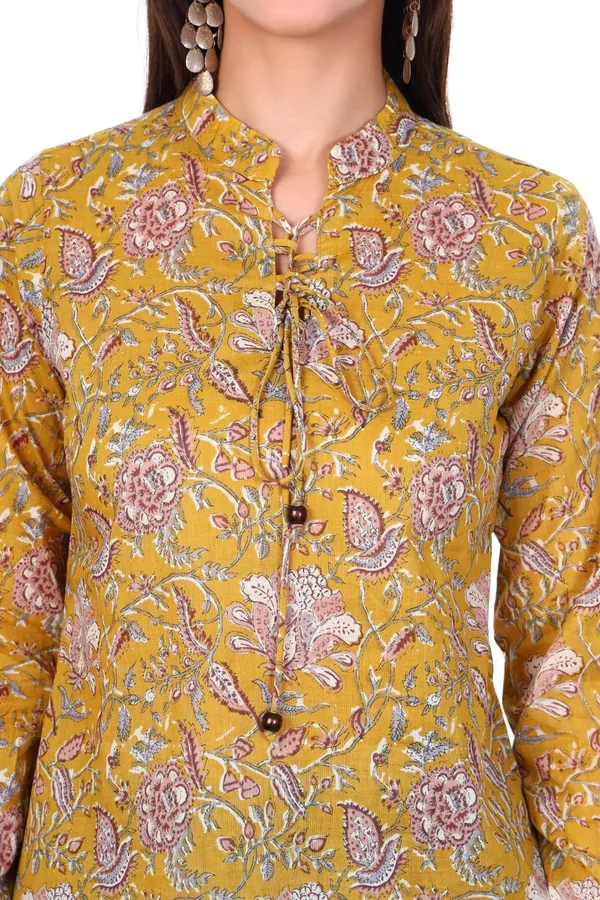 Cotton_Mustard_Yellow_Floral_Print_Long_Sleeve_Women_Top_With_Tie_Knot_Detailing