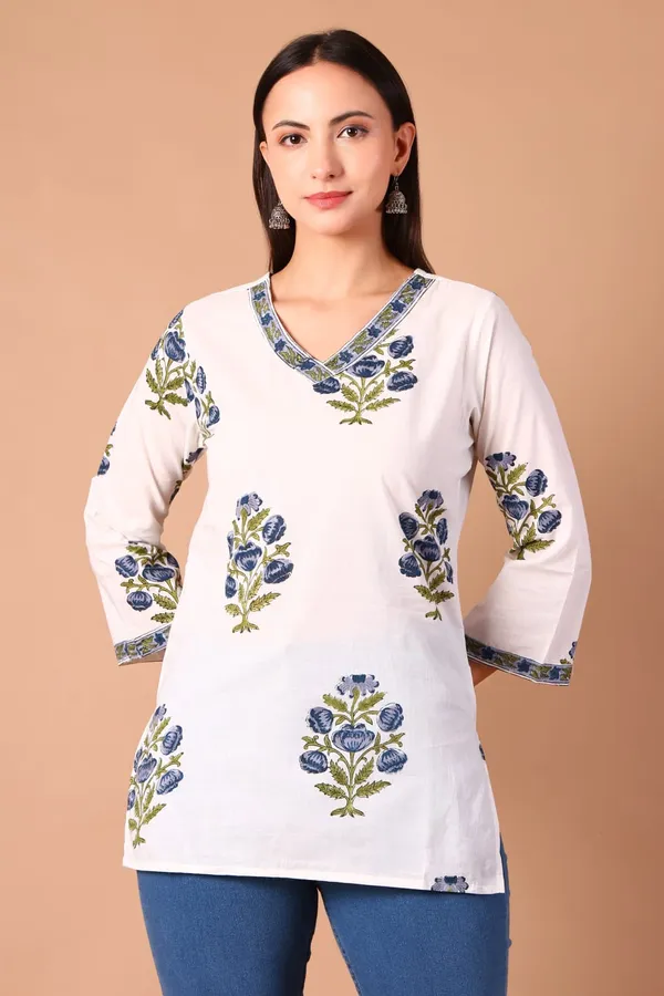 Cotton_Hand_Block_Printed_V_Neck_Tunic_With_3/4_Sleeves