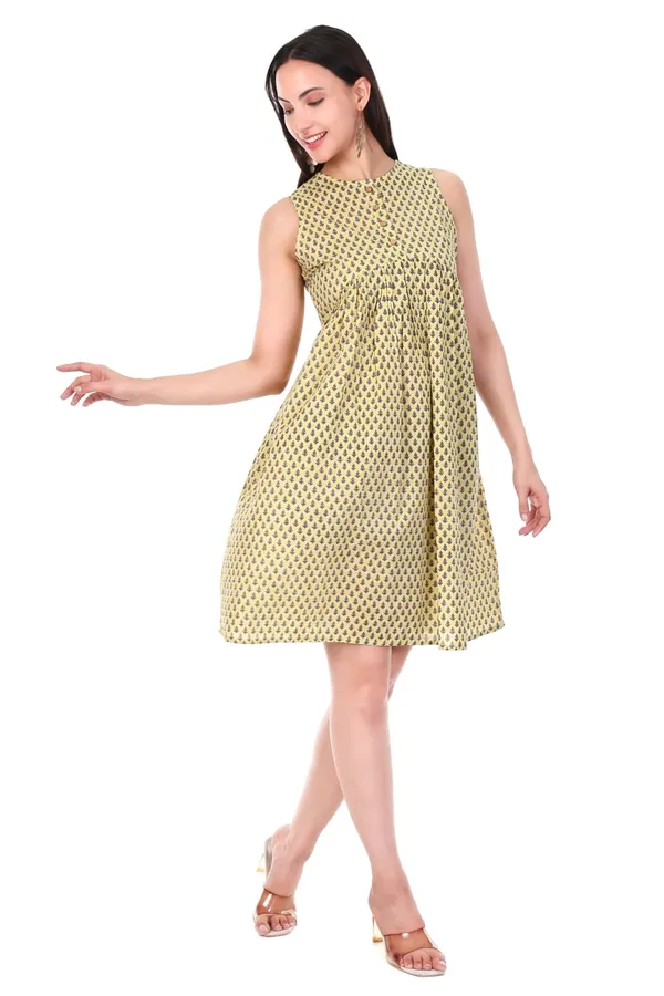 Cotton_Yellow_Booti_Print_Sleeveless_Fit_And_Flare_Dress_With_Wooden_Buttons
