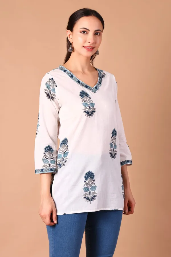 Cotton_Hand_Block_Printed_V_Neck_Tunic_With_3/4_Sleeves