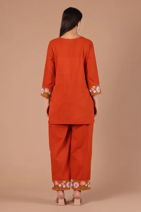 Rust_Cotton_Floral_Embroidered_Kurta_Pant_Set_for_Women