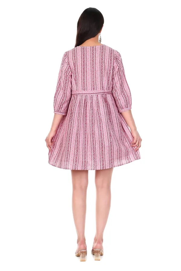 Pink_Striped_V-Neck_Cotton_Printed_Dress_With_Button_Detail