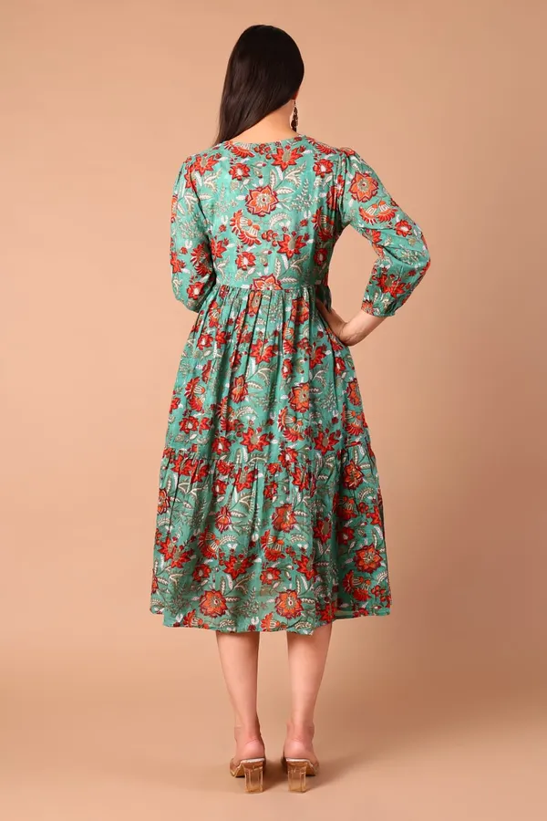 Green_Cotton_Hand_Block_Printed_Midi_Dress_With_Long_Sleeves_With_Slip_Lining