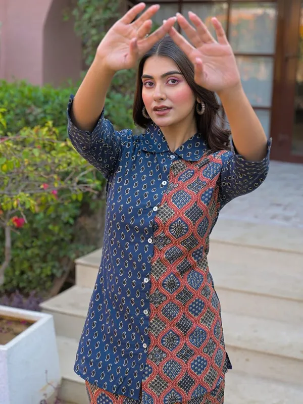 Women_Blue_Ajrakh_Print_Cotton_Co-Ord_Set_-_Shirt_And_Pants_Set