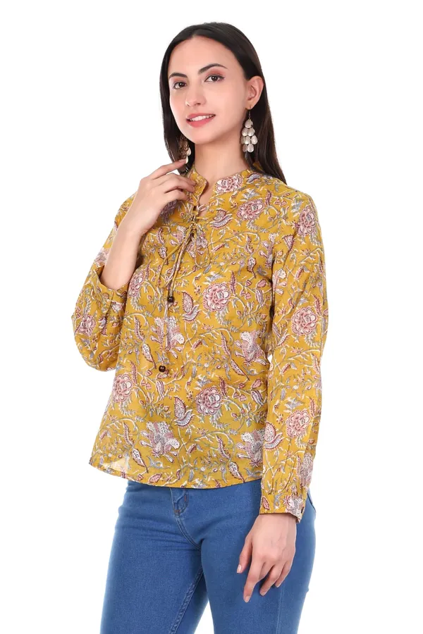 Cotton_Mustard_Yellow_Floral_Print_Long_Sleeve_Women_Top_With_Tie_Knot_Detailing